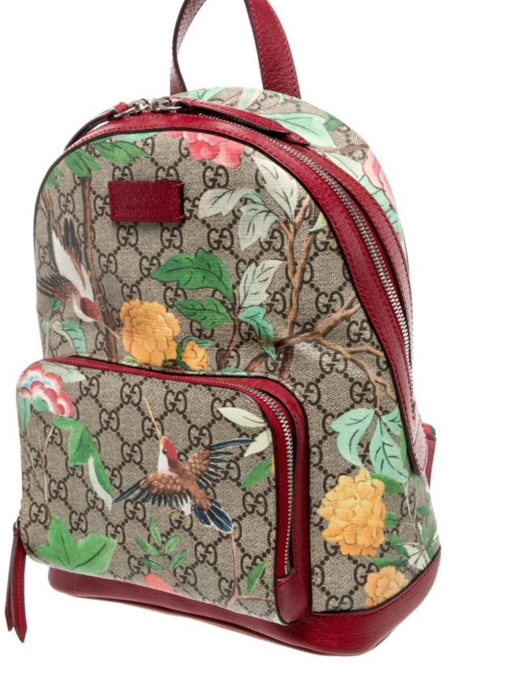 Gucci Brown GG Supreme Floral & Bird Mini Backpack with Red Trim